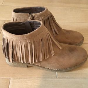 Faux suede tan fringe ankle booties